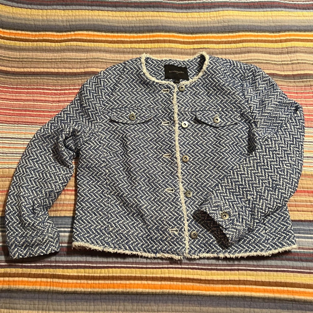 Banana Republic Blue White Herringbone Tweed Fringe Collarless Jacket Size L